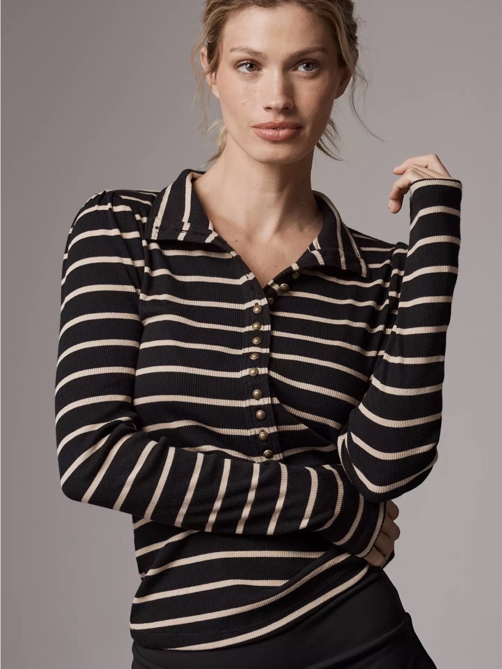 Pilcro Anthropologie Black & Cream Striped Rib-Knit Button-Down Top